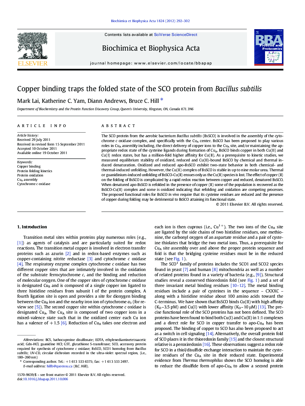 Copper binding traps the folded state of the SCO protein from Bacillus subtilis