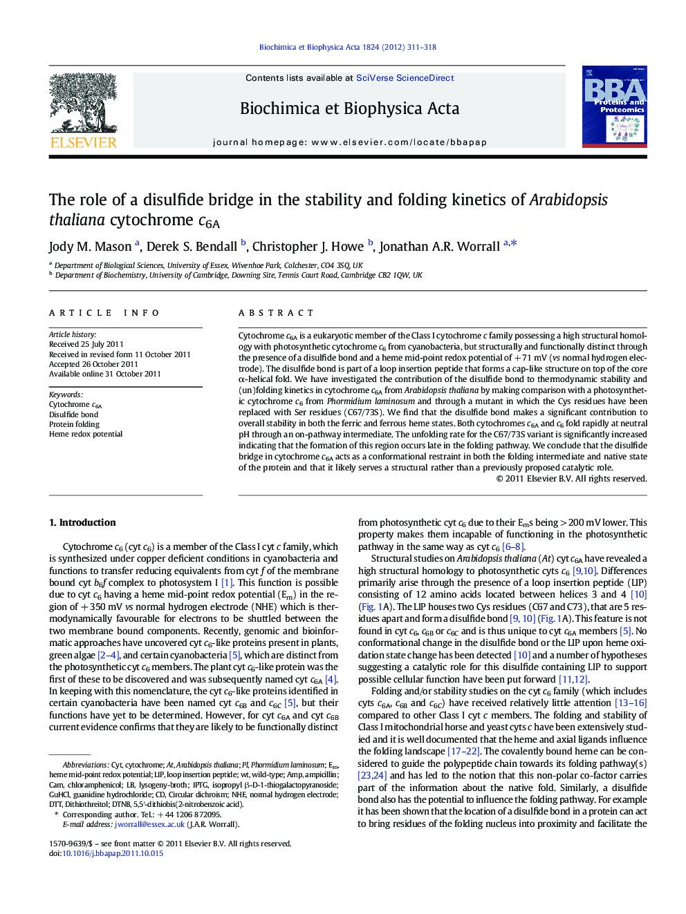 The role of a disulfide bridge in the stability and folding kinetics of Arabidopsis thaliana cytochrome c6A