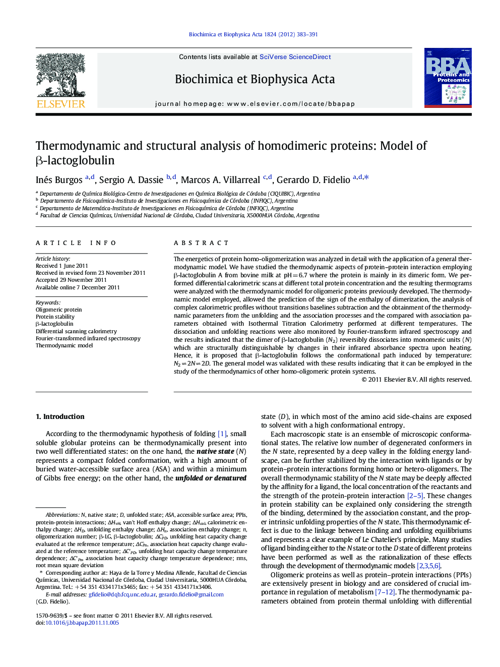 Thermodynamic and structural analysis of homodimeric proteins: Model of Î²-lactoglobulin