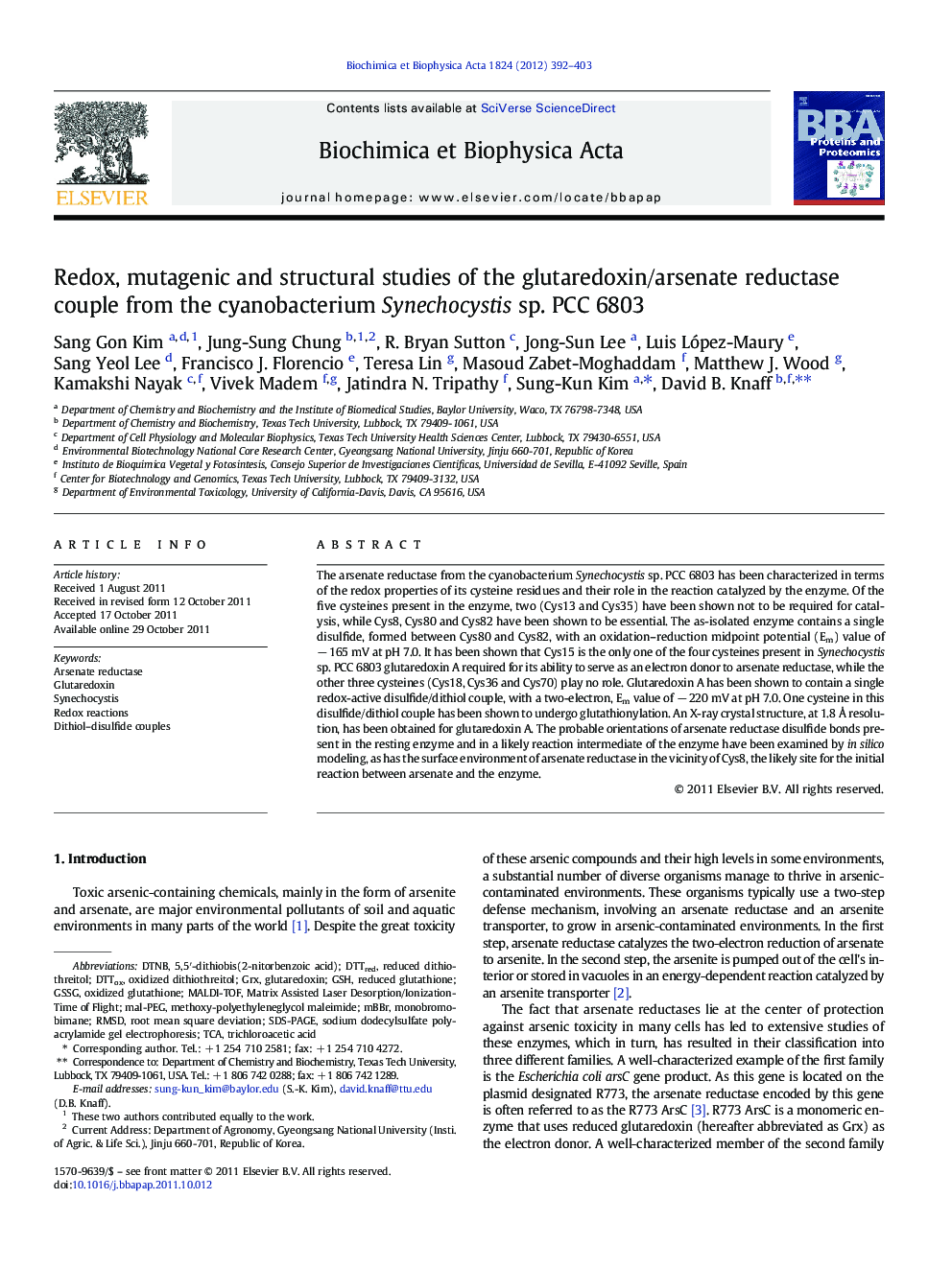 Redox, mutagenic and structural studies of the glutaredoxin/arsenate reductase couple from the cyanobacterium Synechocystis sp. PCC 6803