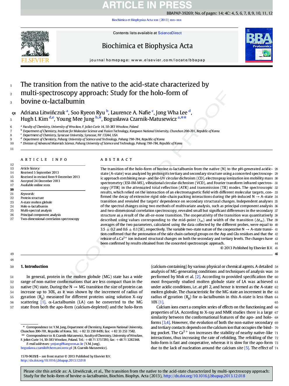 The transition from the native to the acid-state characterized by multi-spectroscopy approach: Study for the holo-form of bovine Î±-lactalbumin