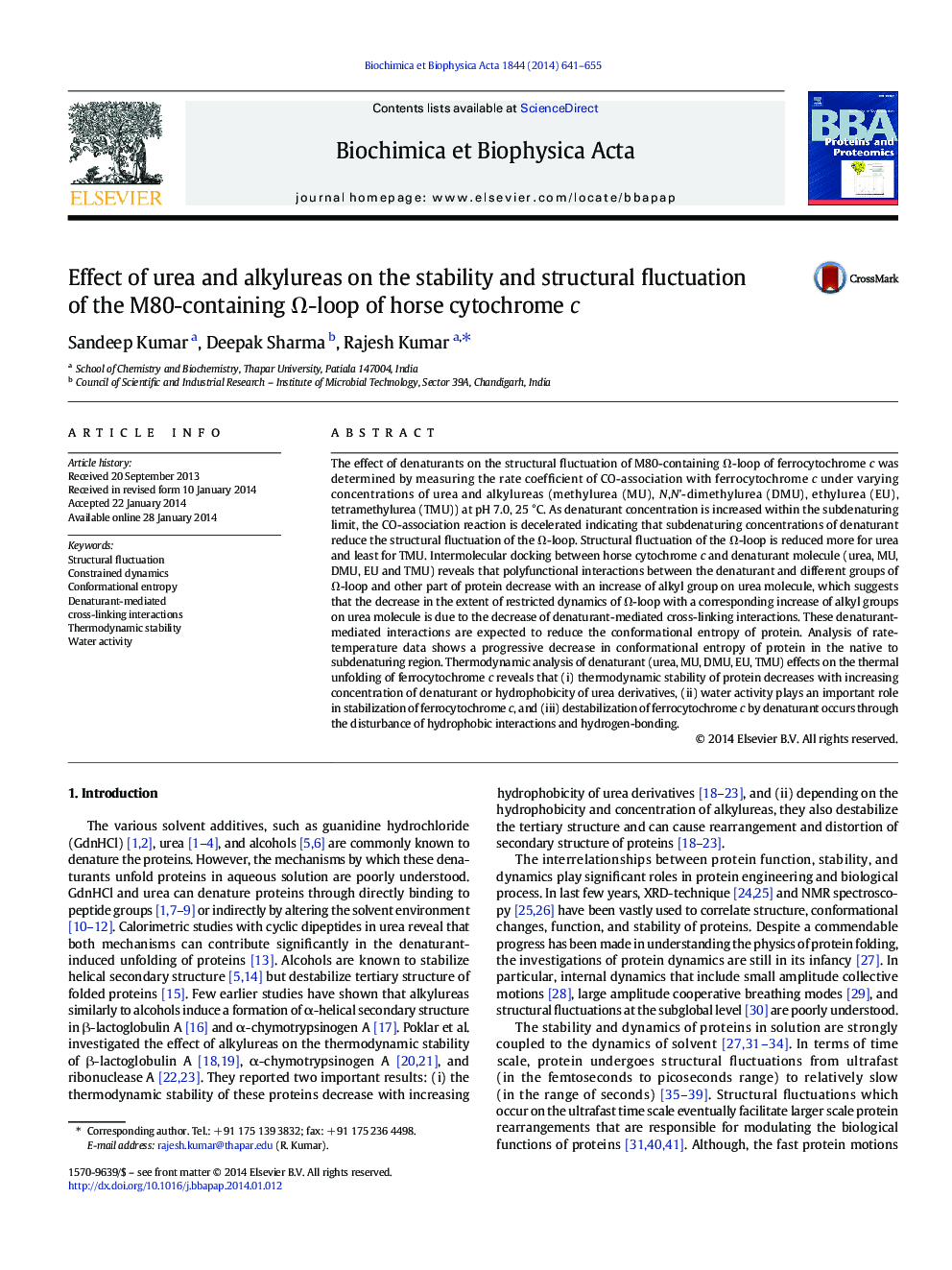 Effect of urea and alkylureas on the stability and structural fluctuation of the M80-containing Î©-loop of horse cytochrome c