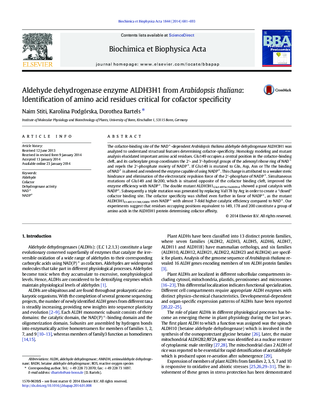 Aldehyde dehydrogenase enzyme ALDH3H1 from Arabidopsis thaliana: Identification of amino acid residues critical for cofactor specificity