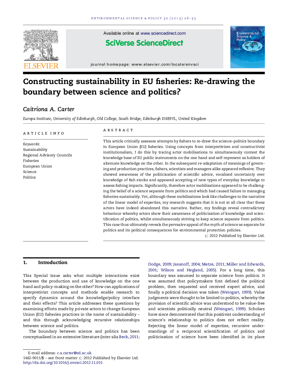 Constructing sustainability in EU fisheries: Re-drawing the boundary between science and politics?