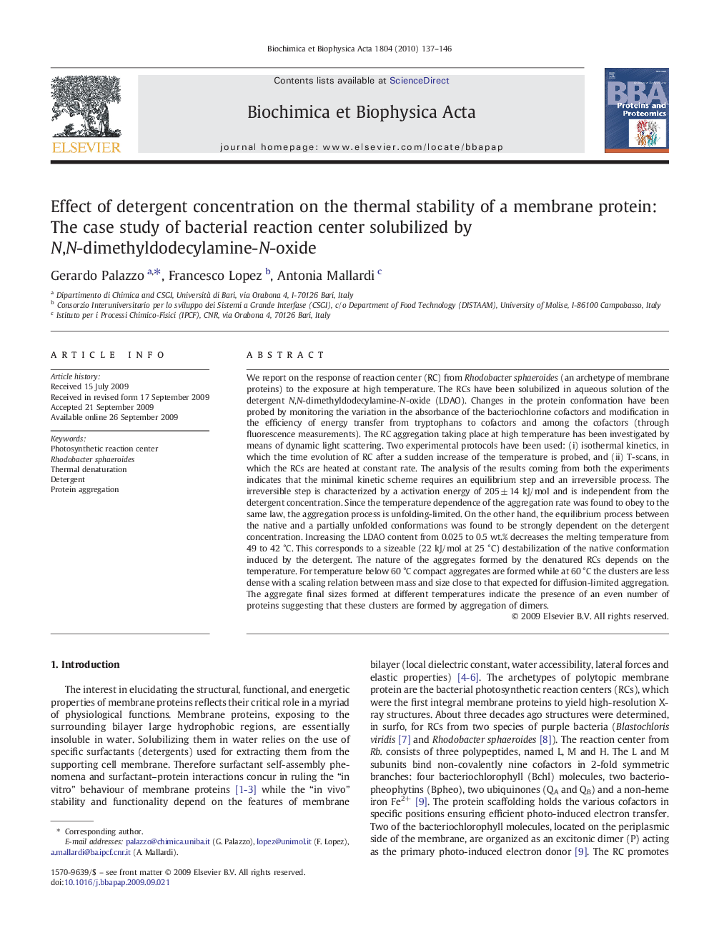 Effect of detergent concentration on the thermal stability of a membrane protein: The case study of bacterial reaction center solubilized by N,N-dimethyldodecylamine-N-oxide