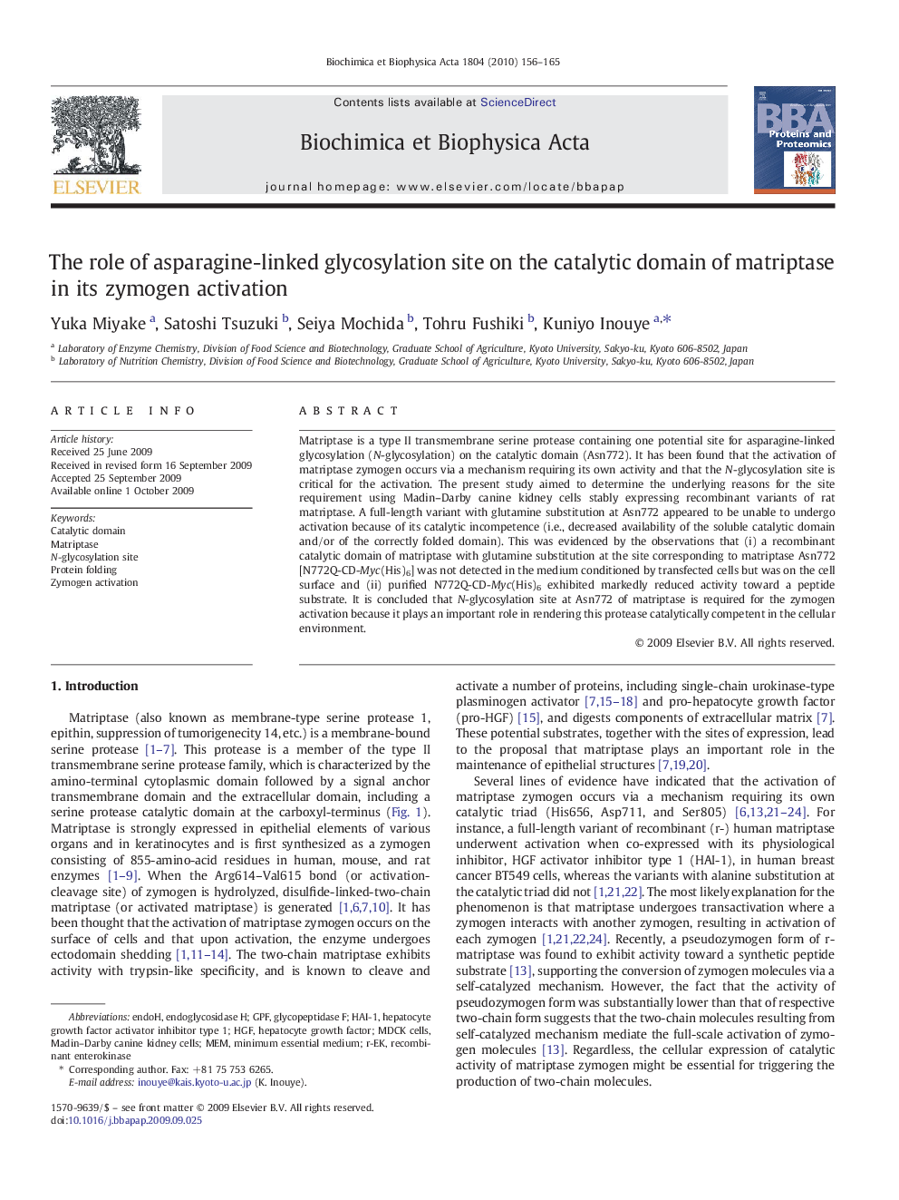 The role of asparagine-linked glycosylation site on the catalytic domain of matriptase in its zymogen activation