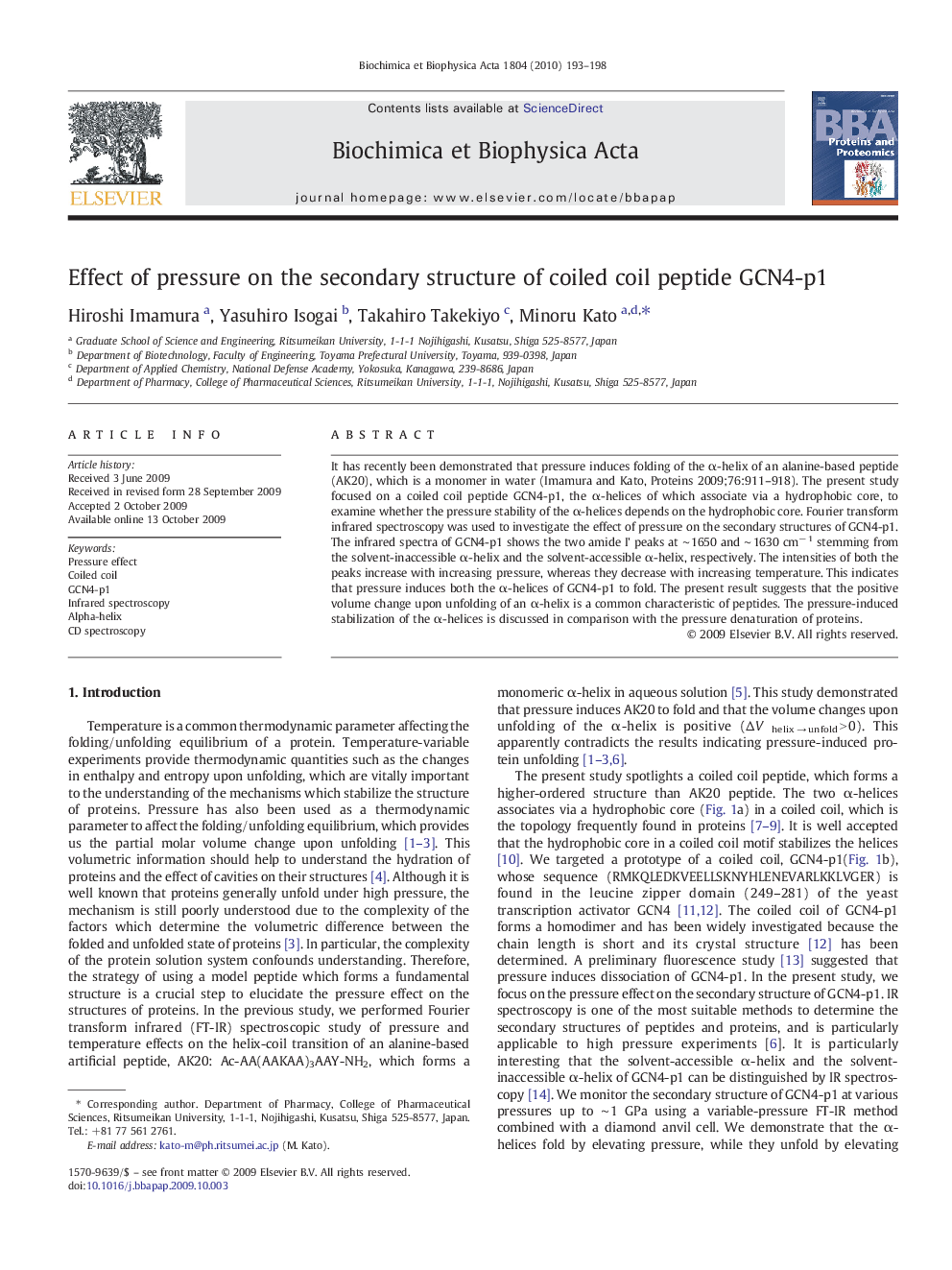 Effect of pressure on the secondary structure of coiled coil peptide GCN4-p1