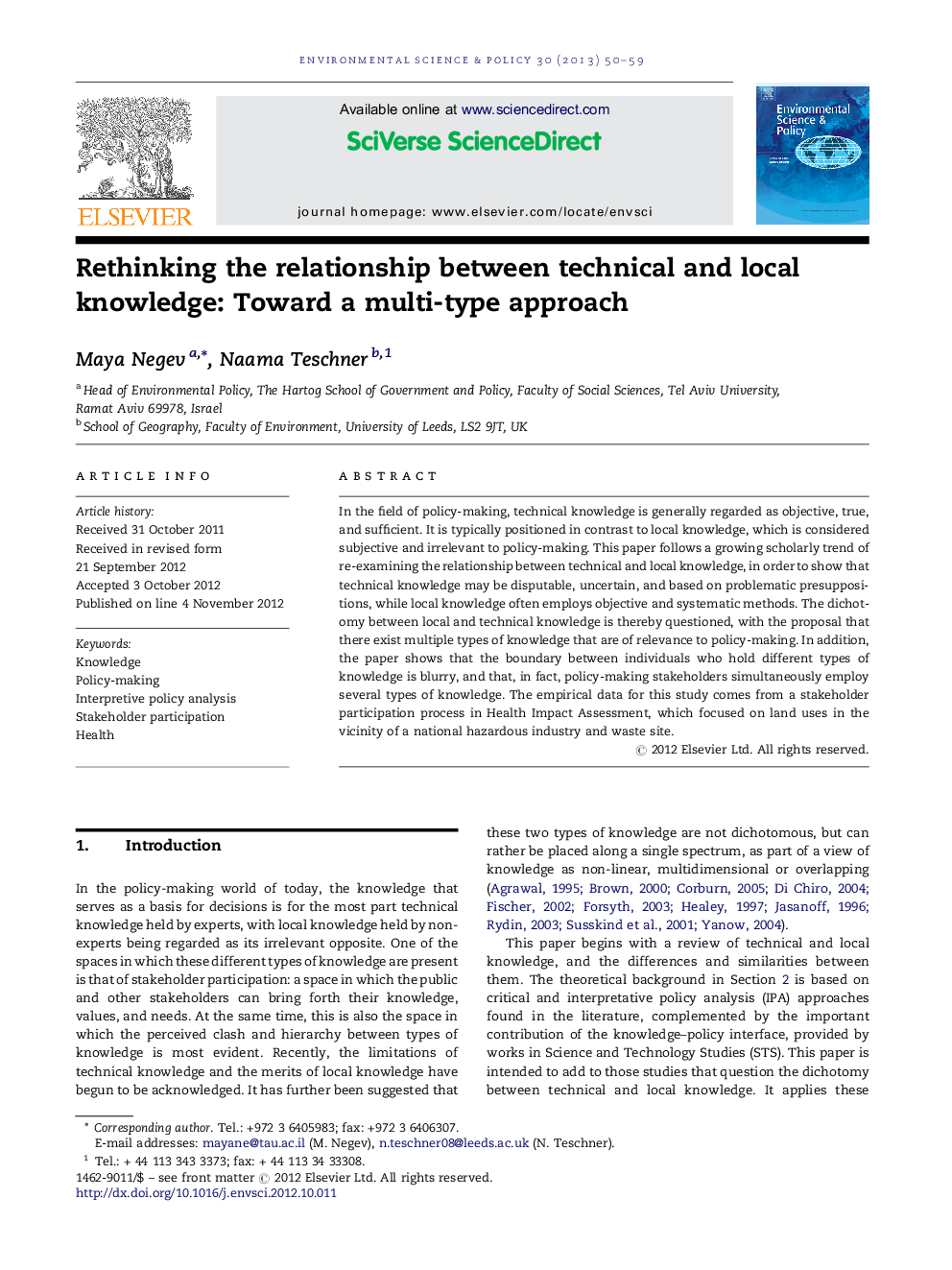 Rethinking the relationship between technical and local knowledge: Toward a multi-type approach