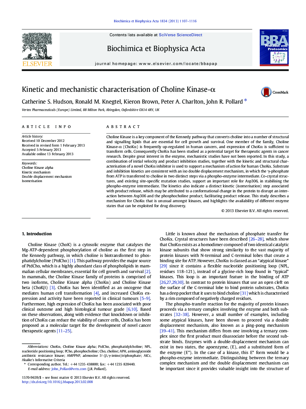 Kinetic and mechanistic characterisation of Choline Kinase-Î±