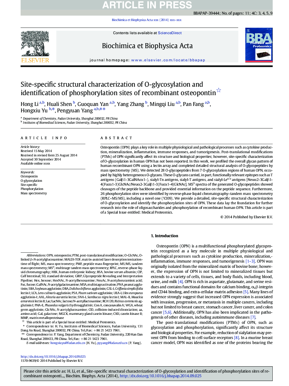 Site-specific structural characterization of O-glycosylation and identification of phosphorylation sites of recombinant osteopontin