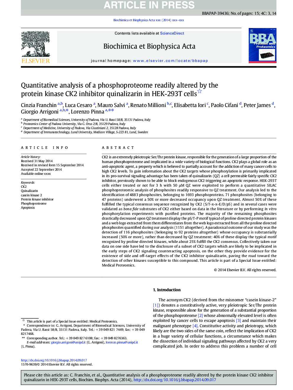 Quantitative analysis of a phosphoproteome readily altered by the protein kinase CK2 inhibitor quinalizarin in HEK-293T cells