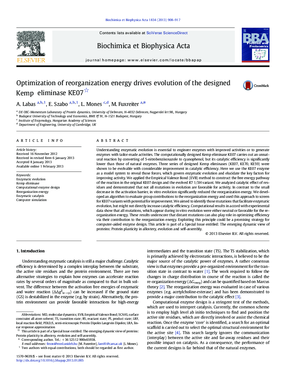 Optimization of reorganization energy drives evolution of the designed Kemp eliminase KE07