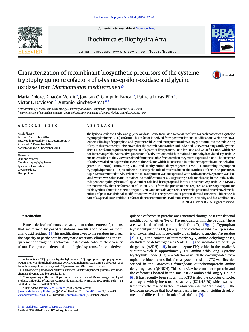 عکس صفحه اول مقاله: Characterization of recombinant biosynthetic precursors of the cysteine tryptophylquinone cofactors of l-lysine-epsilon-oxidase and glycine oxidase from Marinomonas mediterranea Characterization of recombinant biosynthetic precursors of the cysteine tryptophylquinone cofactors of l-lysine-epsilon-oxidase and glycine oxidase from Marinomonas mediterranea