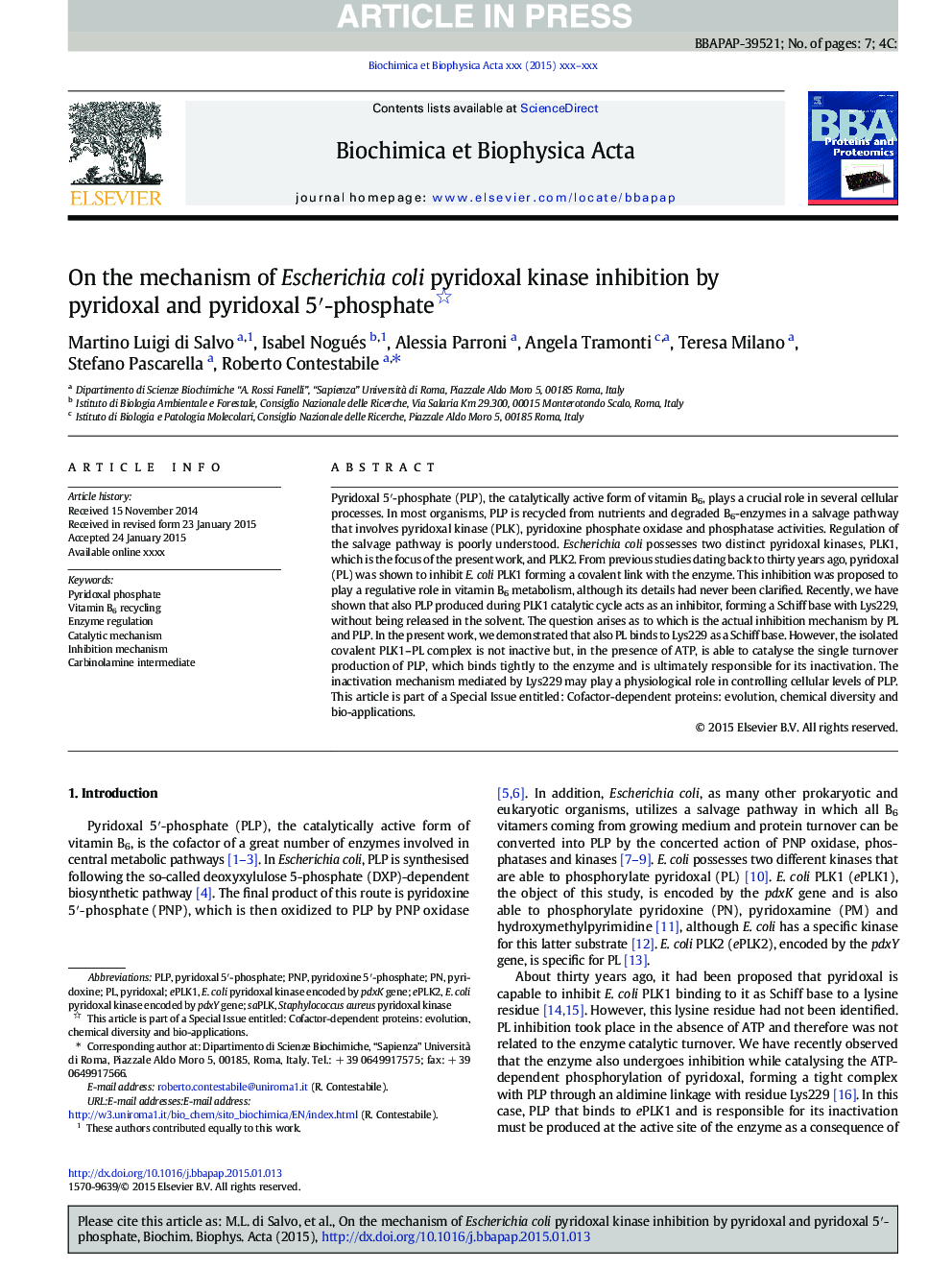 On the mechanism of Escherichia coli pyridoxal kinase inhibition by pyridoxal and pyridoxal 5â²-phosphate