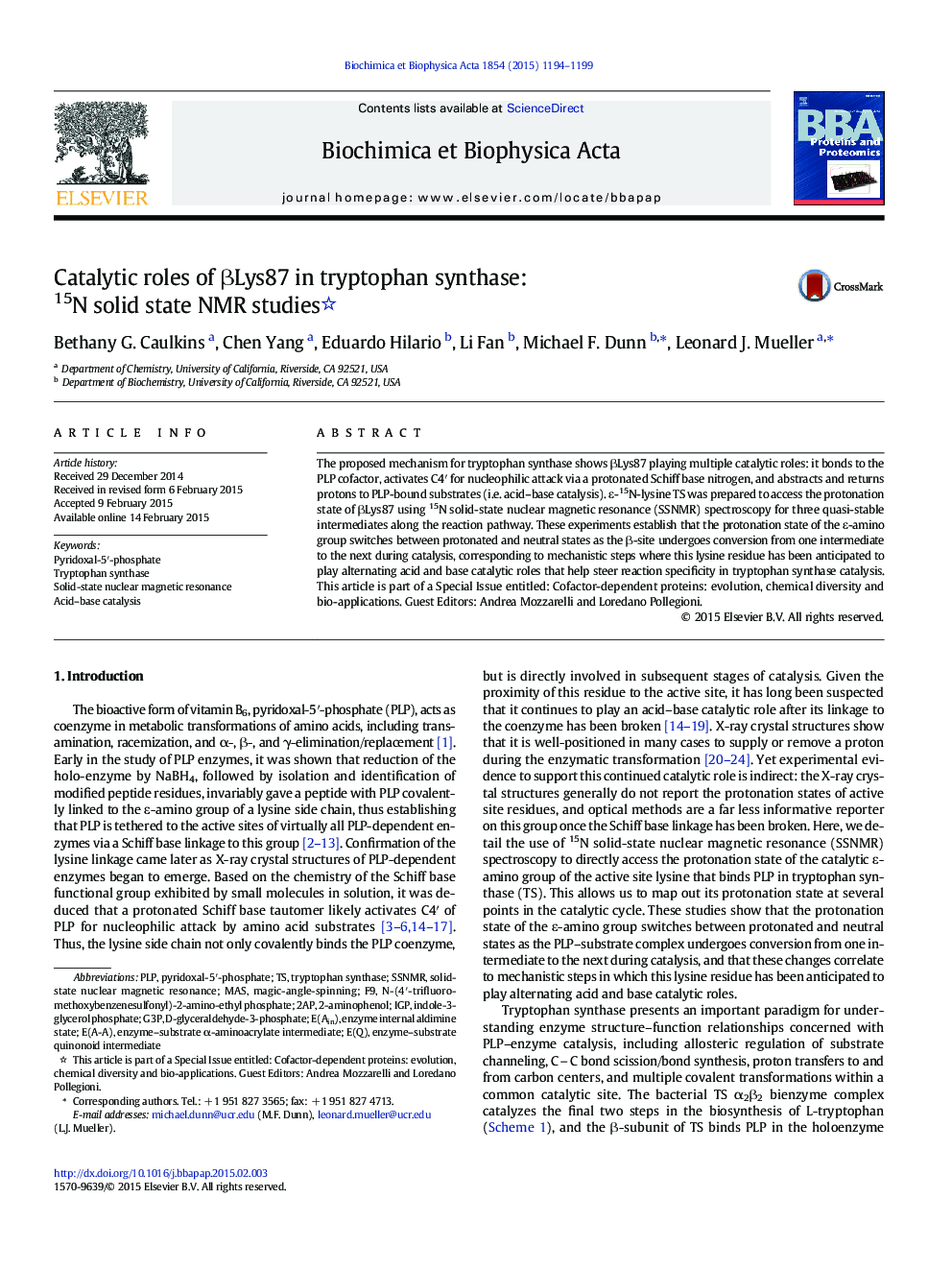 Catalytic roles of Î²Lys87 in tryptophan synthase: 15N solid state NMR studies