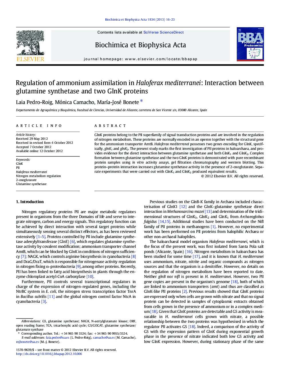 Regulation of ammonium assimilation in Haloferax mediterranei: Interaction between glutamine synthetase and two GlnK proteins