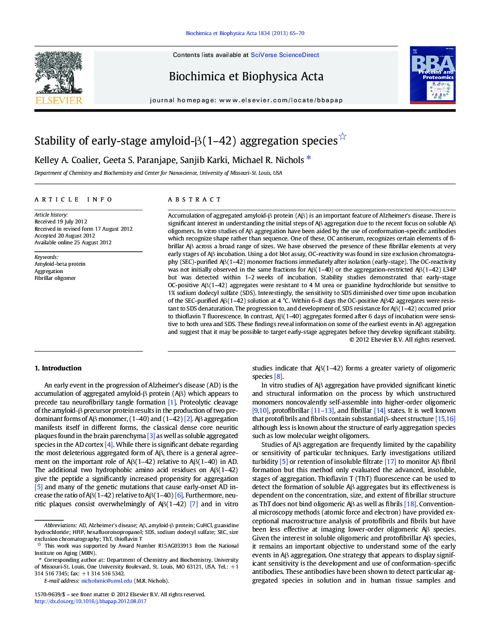 Stability of early-stage amyloid-Î²(1-42) aggregation species