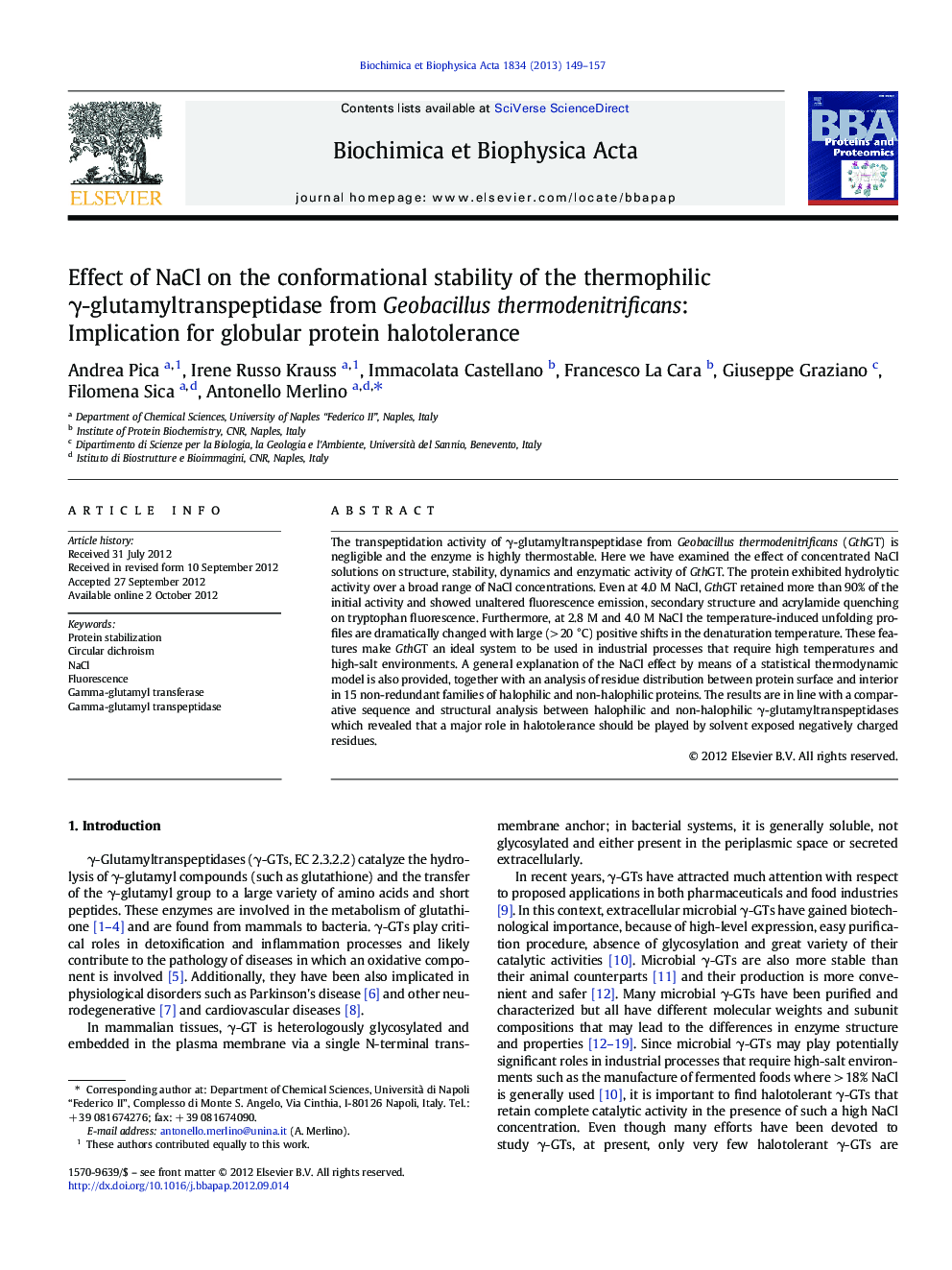 Effect of NaCl on the conformational stability of the thermophilic Î³-glutamyltranspeptidase from Geobacillus thermodenitrificans: Implication for globular protein halotolerance