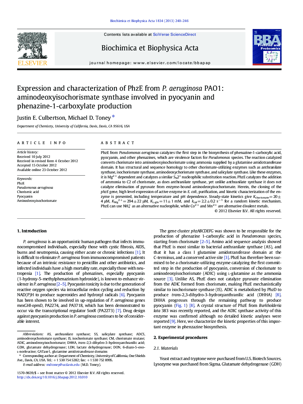 Expression and characterization of PhzE from P. aeruginosa PAO1: aminodeoxyisochorismate synthase involved in pyocyanin and phenazine-1-carboxylate production