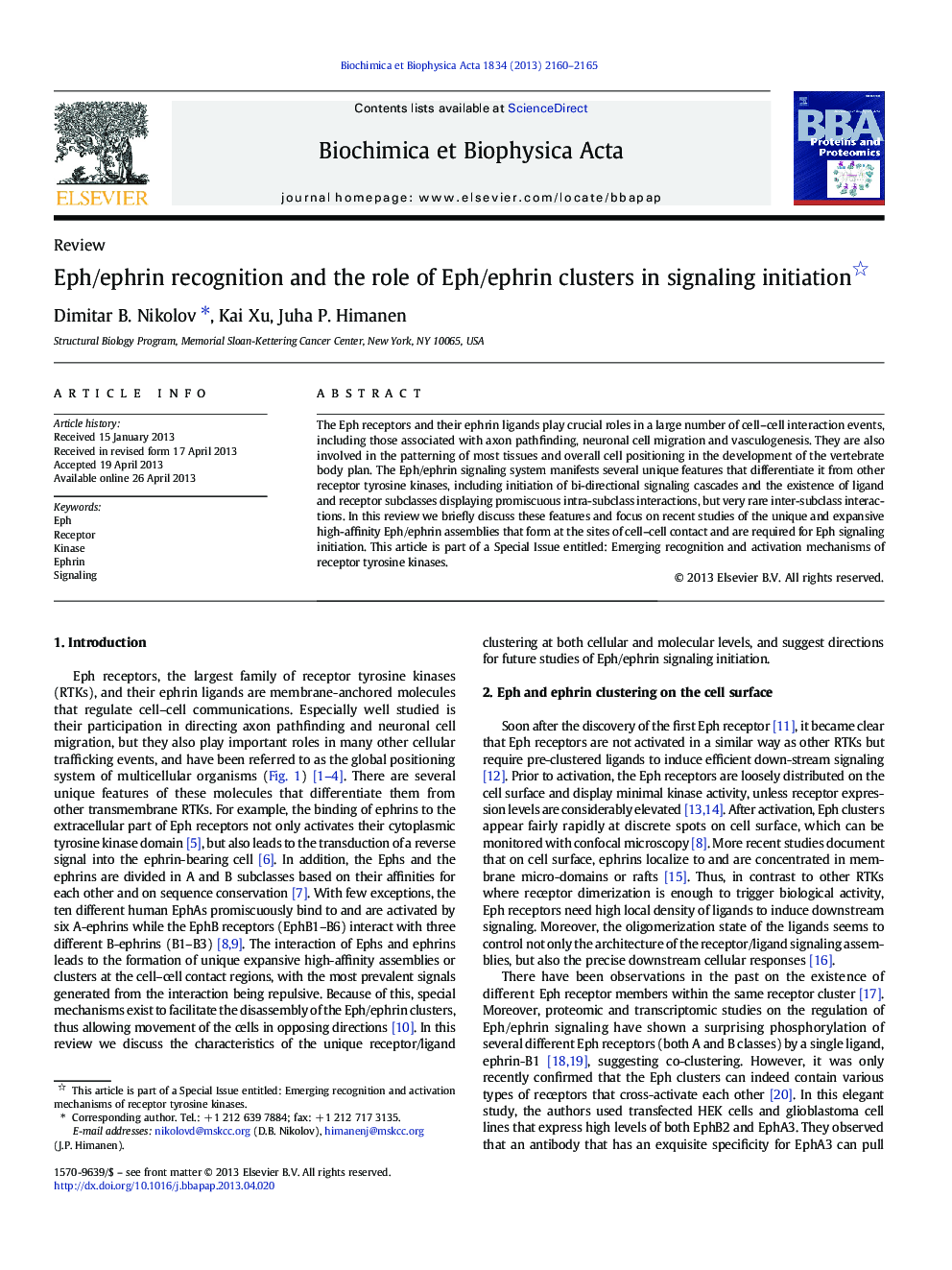 Eph/ephrin recognition and the role of Eph/ephrin clusters in signaling initiation