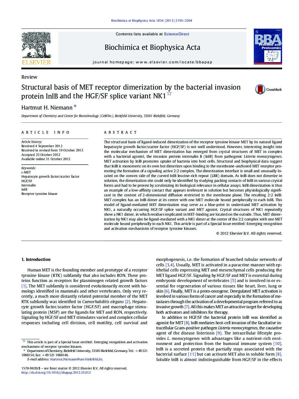 Structural basis of MET receptor dimerization by the bacterial invasion protein InlB and the HGF/SF splice variant NK1