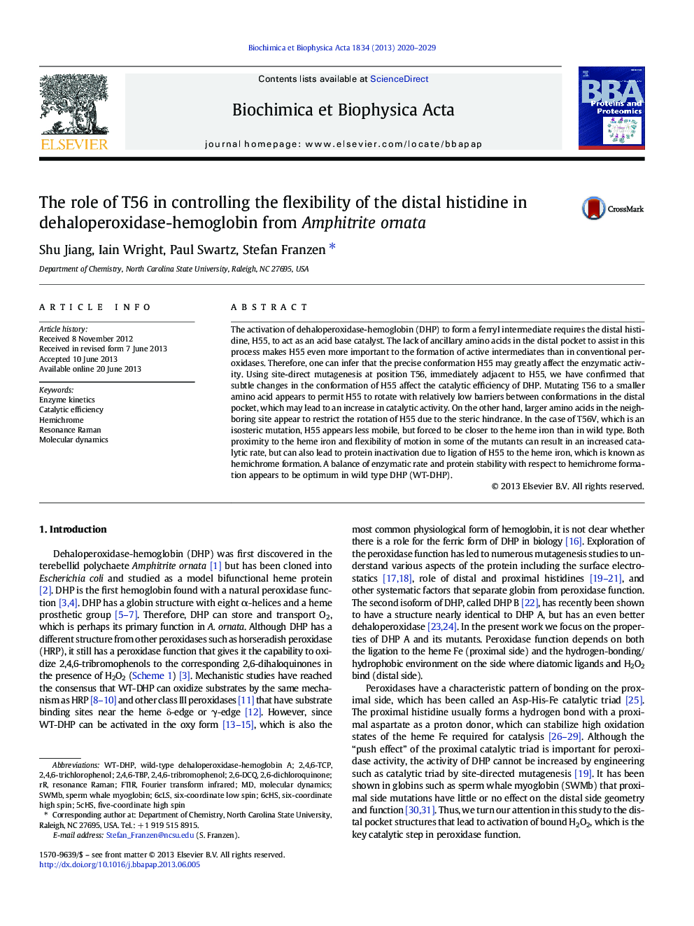 The role of T56 in controlling the flexibility of the distal histidine in dehaloperoxidase-hemoglobin from Amphitrite ornata