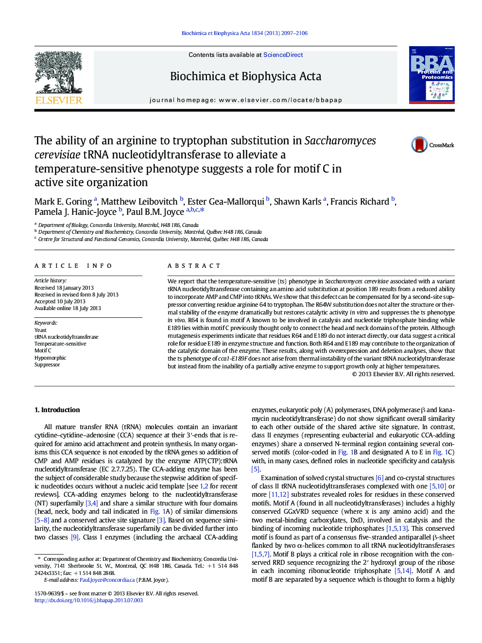 The ability of an arginine to tryptophan substitution in Saccharomyces cerevisiae tRNA nucleotidyltransferase to alleviate a temperature-sensitive phenotype suggests a role for motif C in active site organization