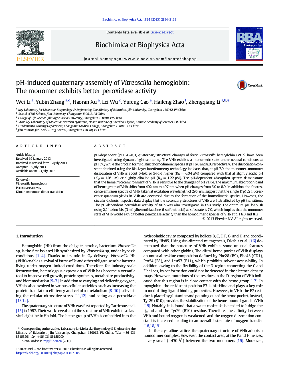 pH-induced quaternary assembly of Vitreoscilla hemoglobin: The monomer exhibits better peroxidase activity