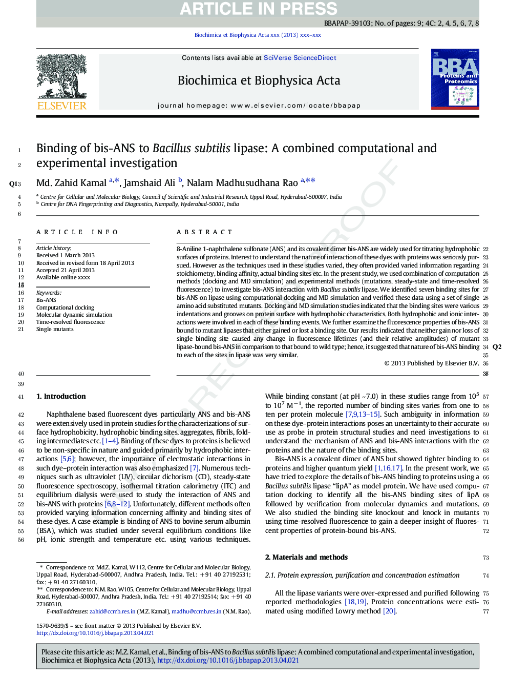 Binding of bis-ANS to Bacillus subtilis lipase: A combined computational and experimental investigation