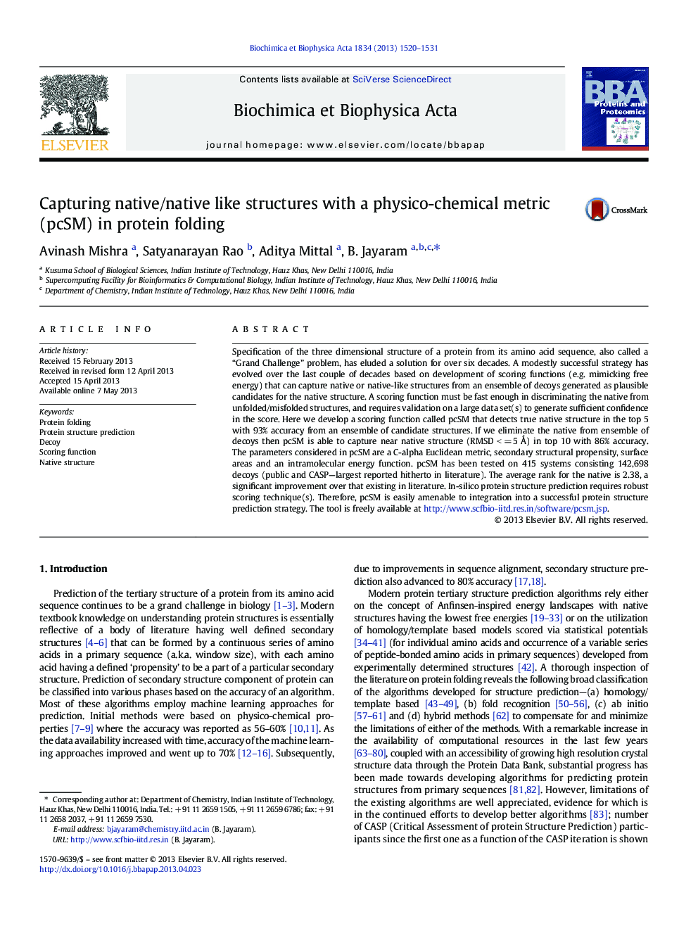 Capturing native/native like structures with a physico-chemical metric (pcSM) in protein folding