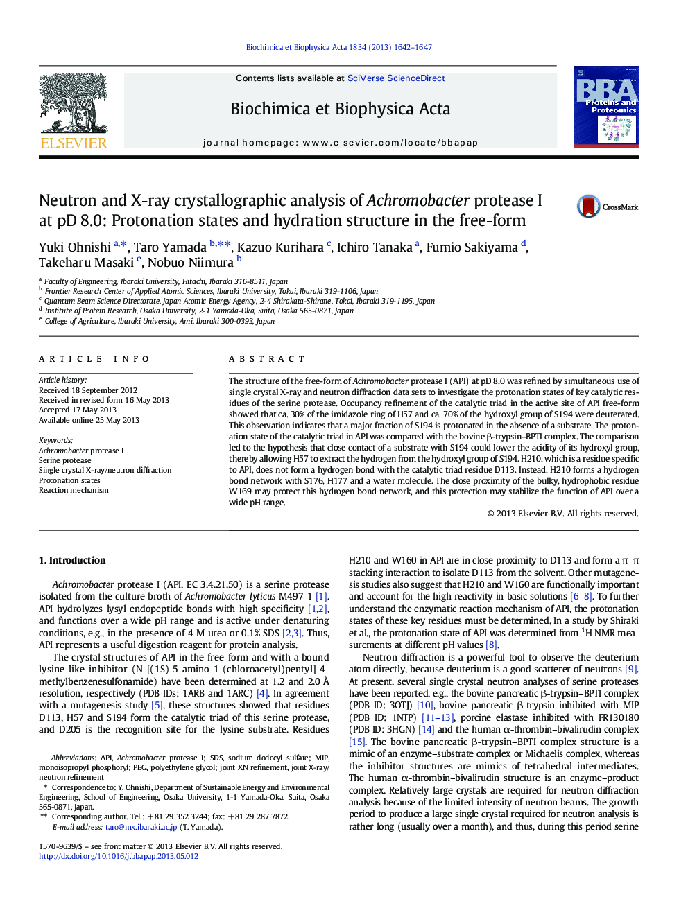 Neutron and X-ray crystallographic analysis of Achromobacter protease I at pD 8.0: Protonation states and hydration structure in the free-form