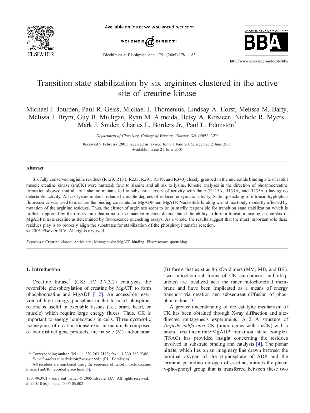 Transition state stabilization by six arginines clustered in the active site of creatine kinase