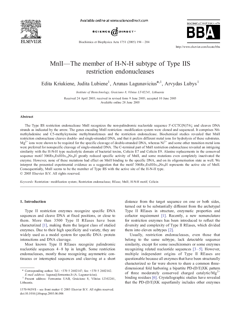 MnlI-The member of H-N-H subtype of Type IIS restriction endonucleases