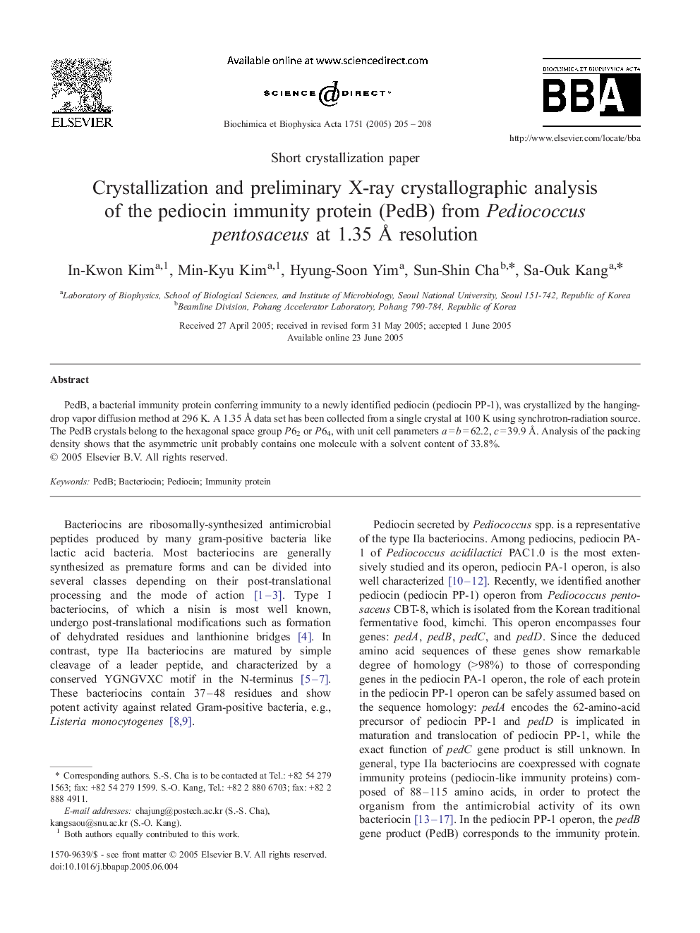 Crystallization and preliminary X-ray crystallographic analysis of the pediocin immunity protein (PedB) from Pediococcus pentosaceus at 1.35 Ã resolution