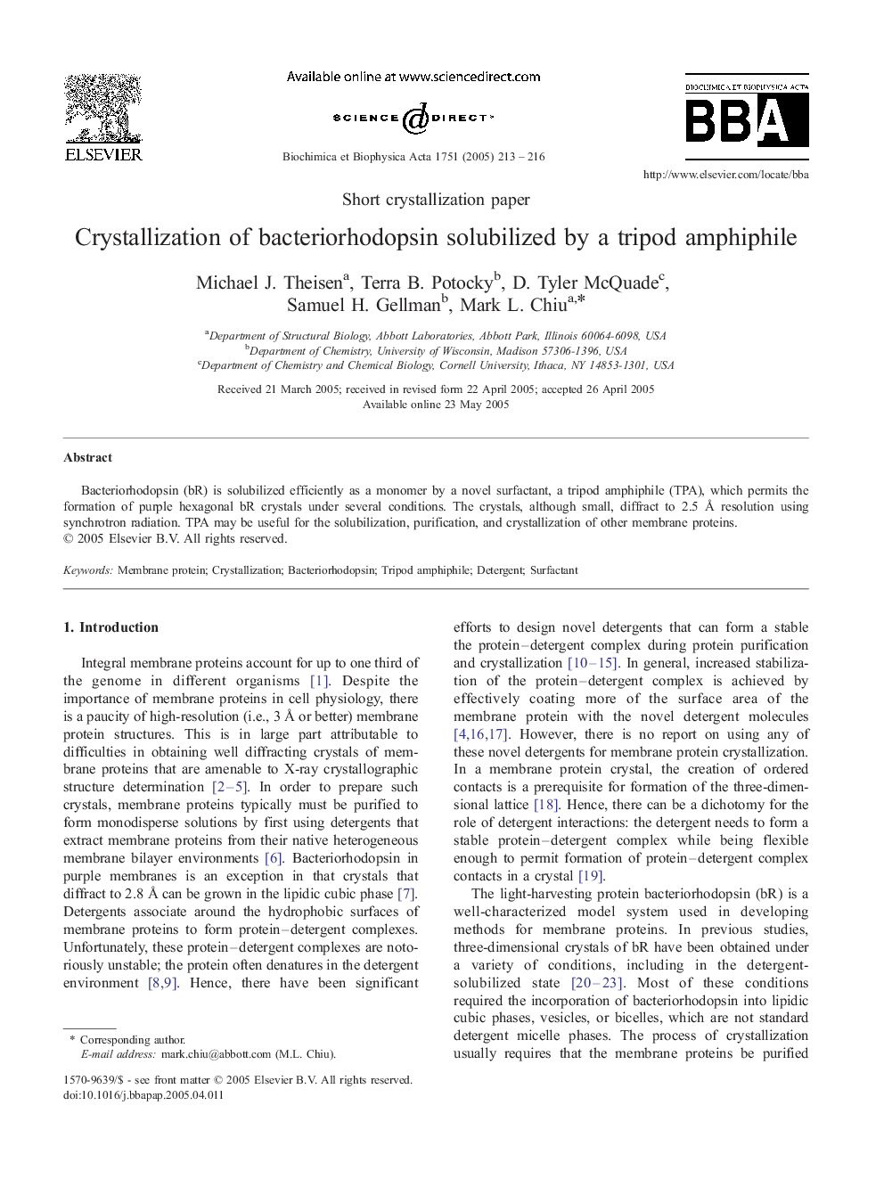 Crystallization of bacteriorhodopsin solubilized by a tripod amphiphile