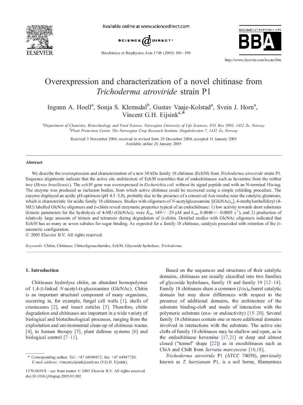 Overexpression and characterization of a novel chitinase from Trichoderma atroviride strain P1