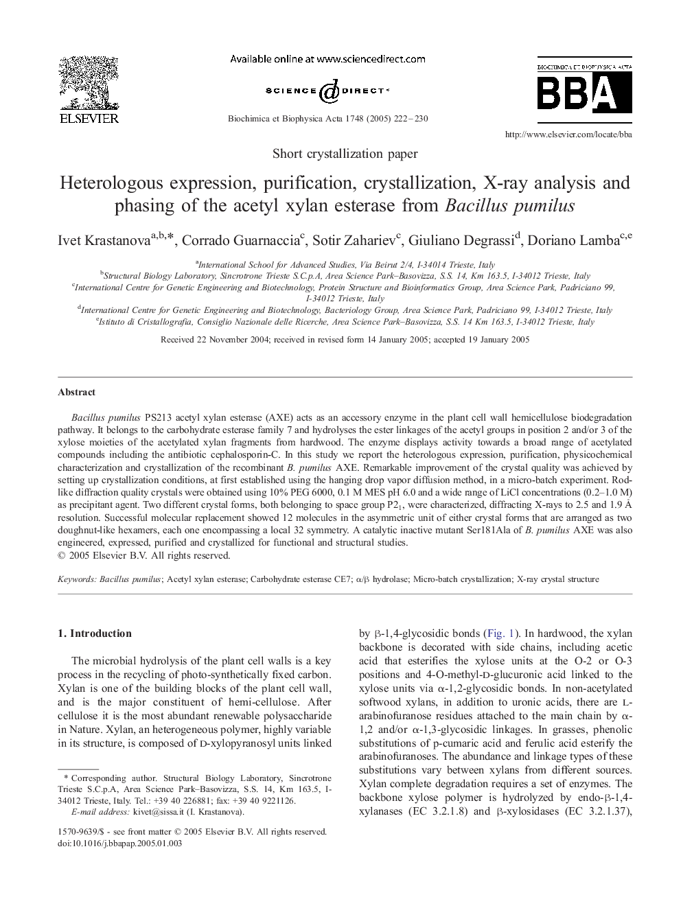 Heterologous expression, purification, crystallization, X-ray analysis and phasing of the acetyl xylan esterase from Bacillus pumilus