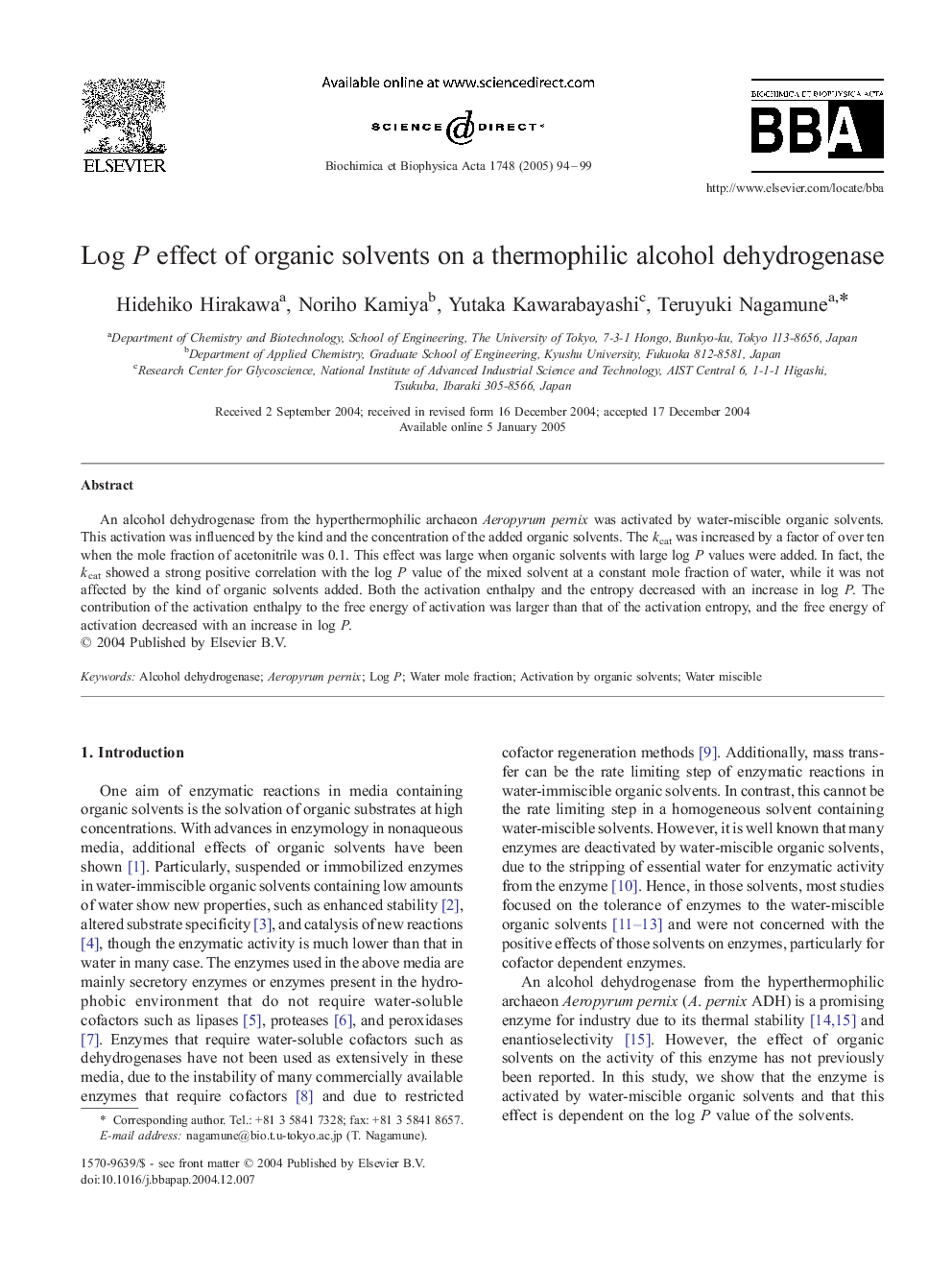 Log P effect of organic solvents on a thermophilic alcohol dehydrogenase