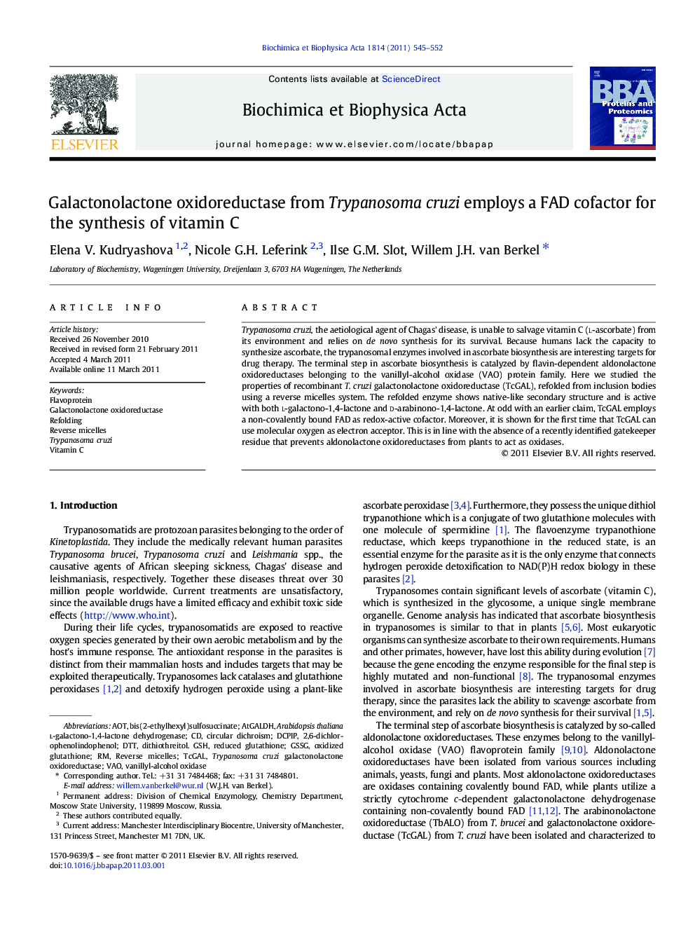 Galactonolactone oxidoreductase from Trypanosoma cruzi employs a FAD cofactor for the synthesis of vitamin C