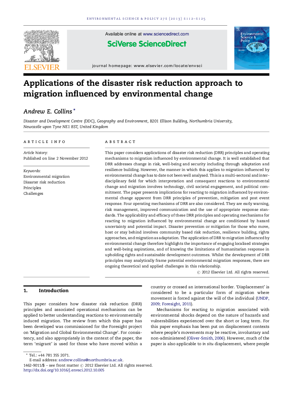 Applications of the disaster risk reduction approach to migration influenced by environmental change