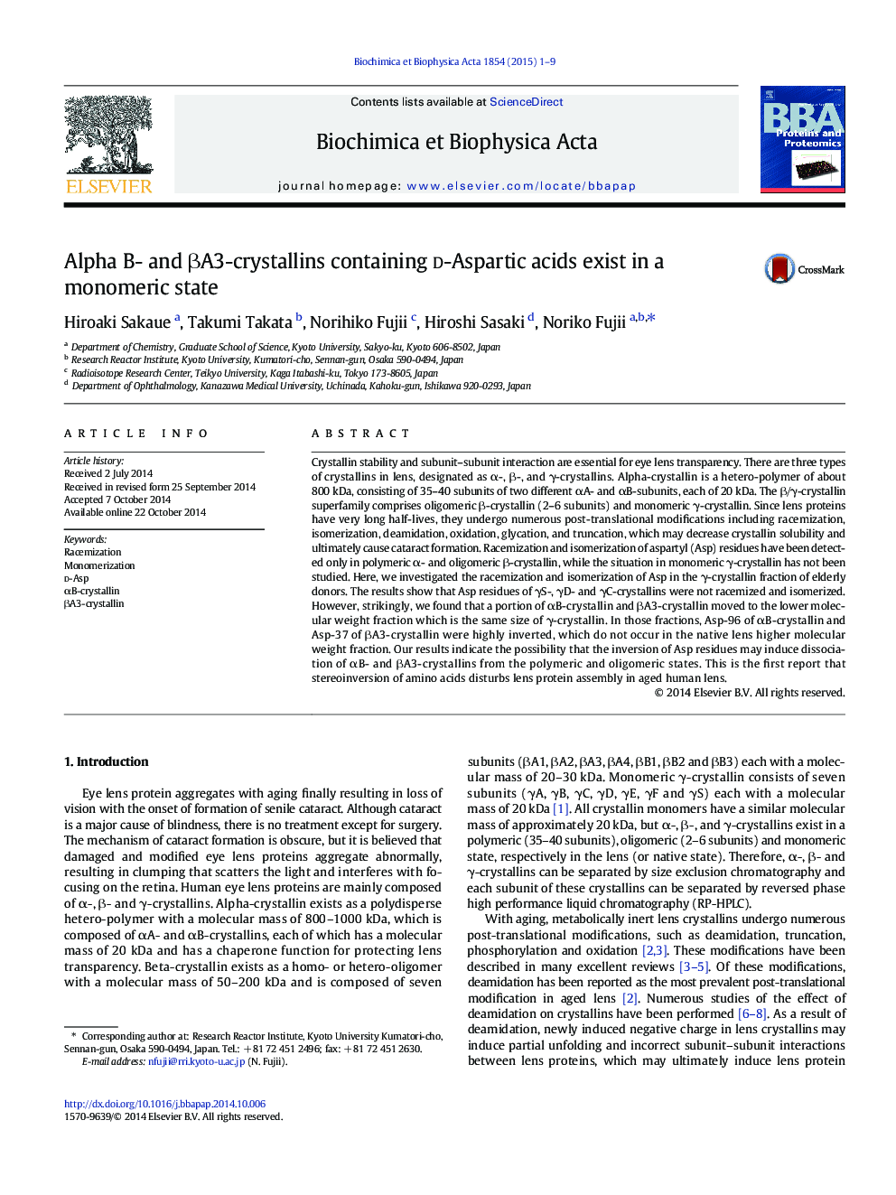 Alpha B- and Î²A3-crystallins containing d-Aspartic acids exist in a monomeric state