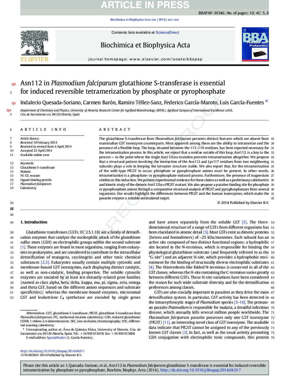 Asn112 in Plasmodium falciparum glutathione S-transferase is essential for induced reversible tetramerization by phosphate or pyrophosphate