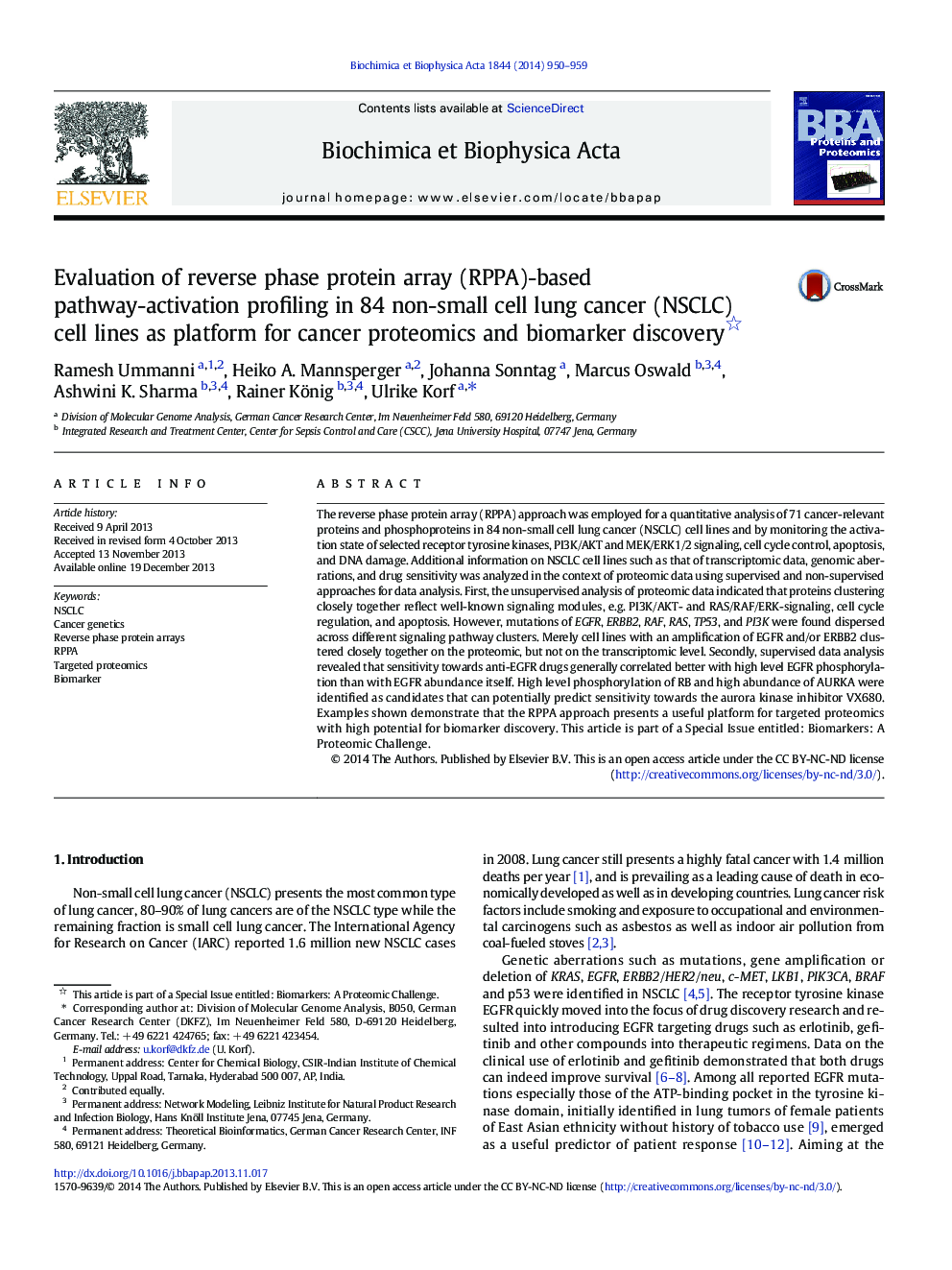Evaluation of reverse phase protein array (RPPA)-based pathway-activation profiling in 84 non-small cell lung cancer (NSCLC) cell lines as platform for cancer proteomics and biomarker discovery