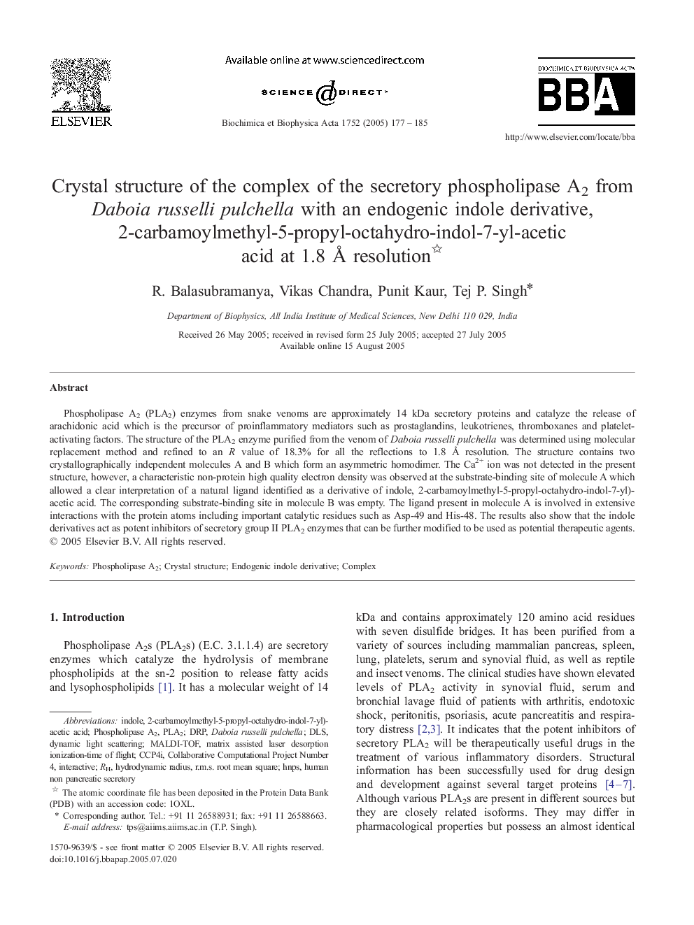 Crystal structure of the complex of the secretory phospholipase A2 from Daboia russelli pulchella with an endogenic indole derivative, 2-carbamoylmethyl-5-propyl-octahydro-indol-7-yl-acetic acid at 1.8 Ã resolution