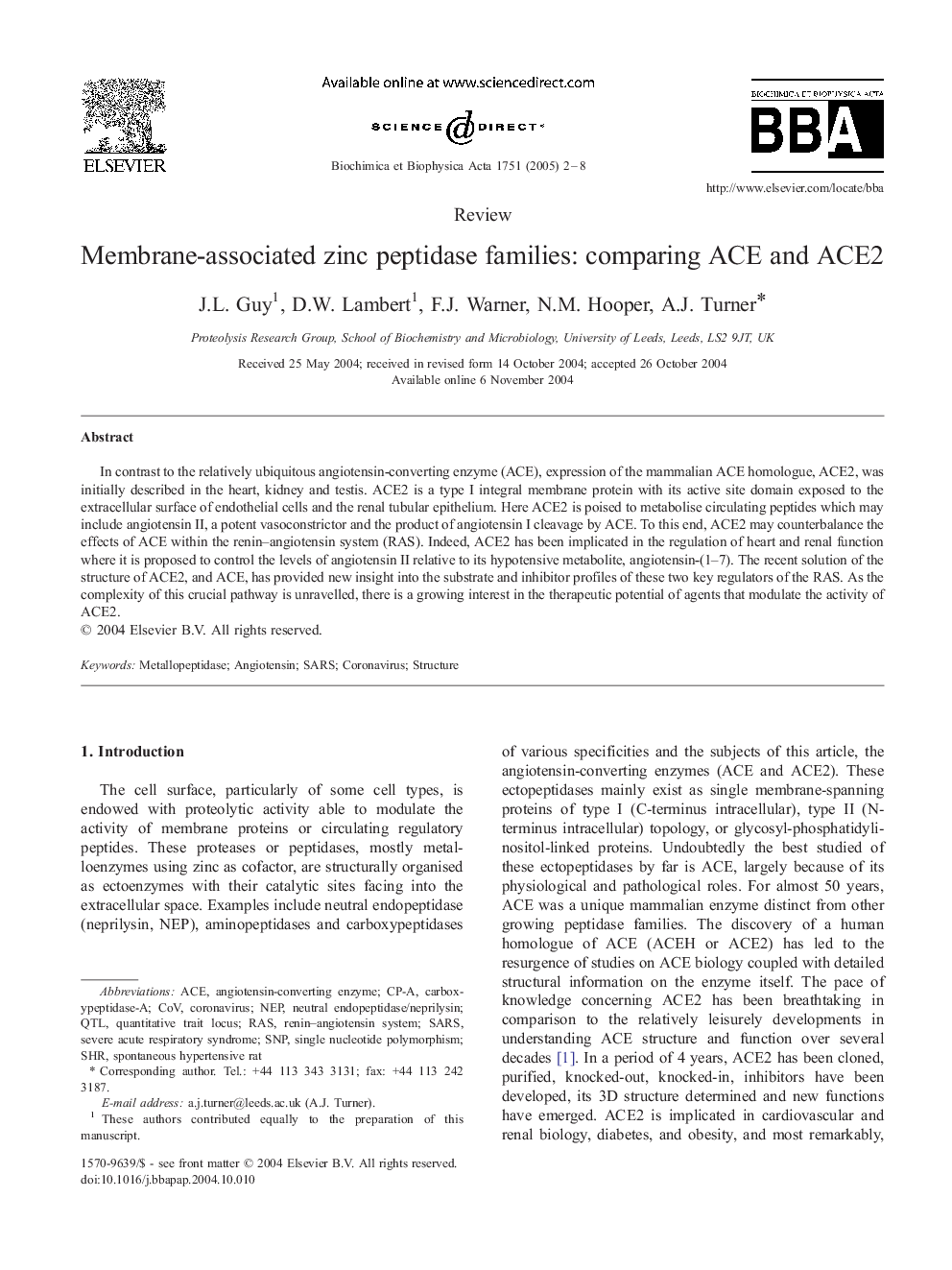 Membrane-associated zinc peptidase families: comparing ACE and ACE2