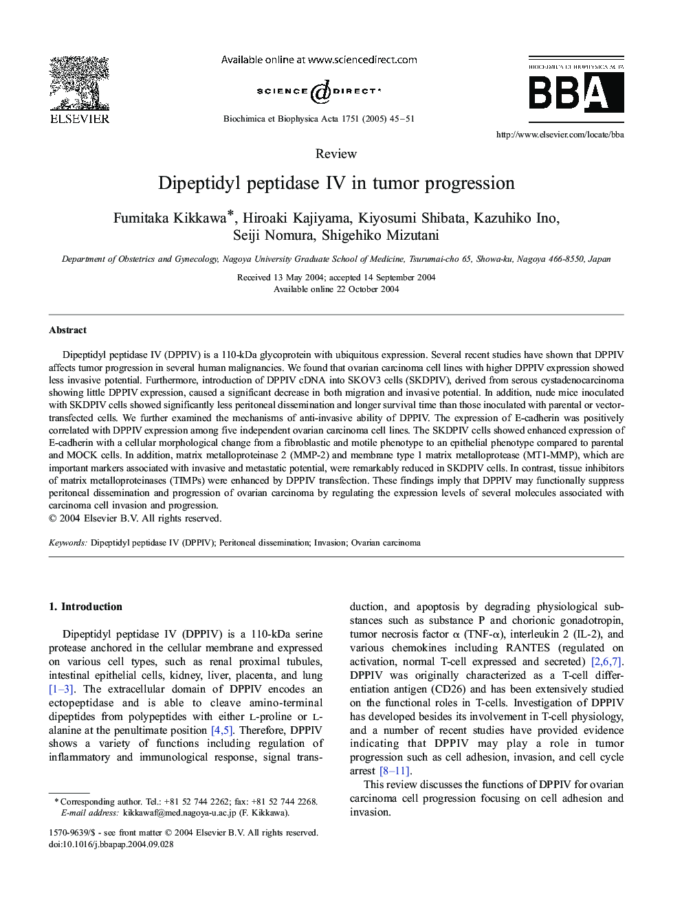 Dipeptidyl peptidase IV in tumor progression