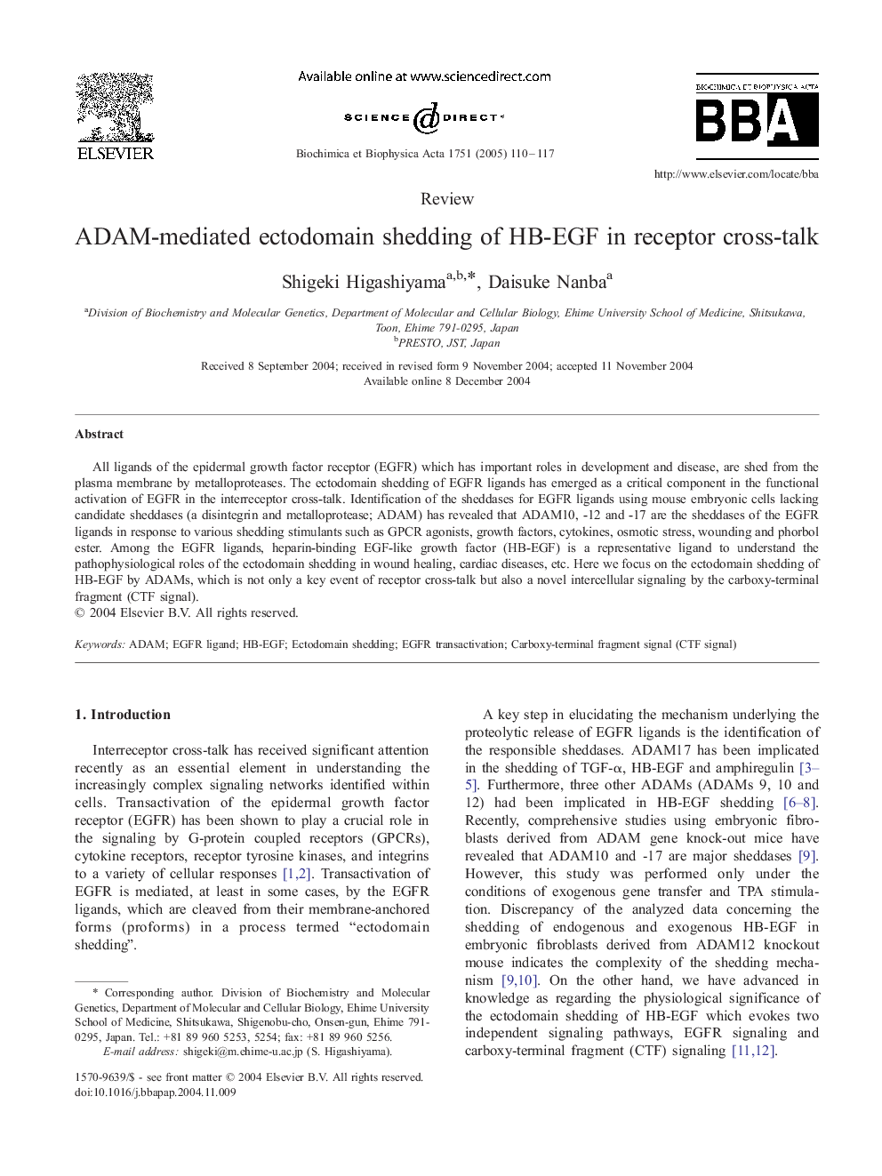 ADAM-mediated ectodomain shedding of HB-EGF in receptor cross-talk