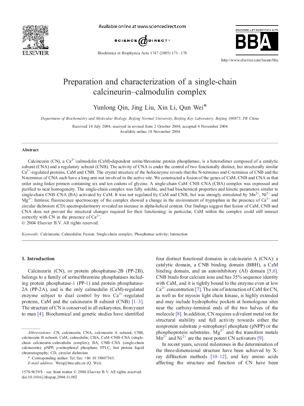 Preparation and characterization of a single-chain calcineurin-calmodulin complex