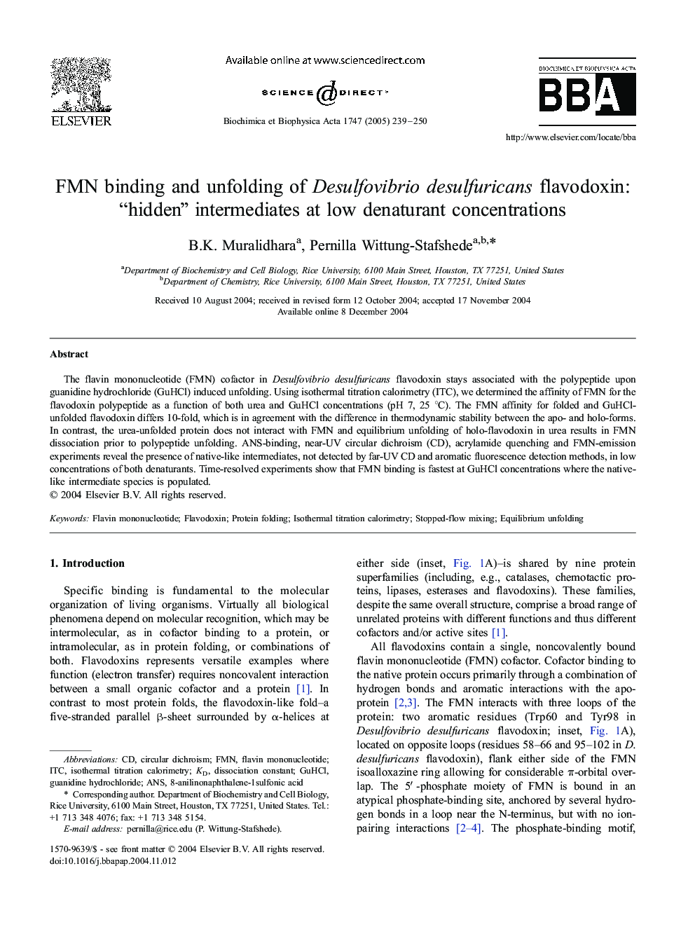 FMN binding and unfolding of Desulfovibrio desulfuricans flavodoxin: “hidden” intermediates at low denaturant concentrations