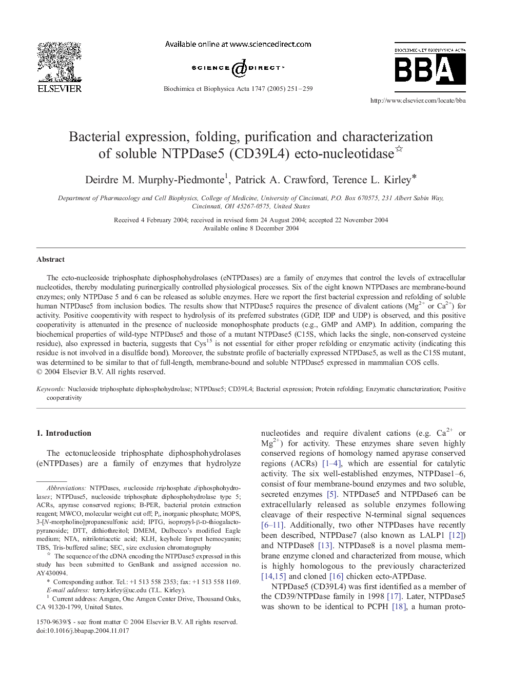 Bacterial expression, folding, purification and characterization of soluble NTPDase5 (CD39L4) ecto-nucleotidase